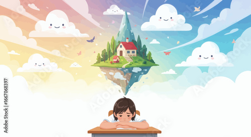 Boy at desk dreams of a floating island house in the sky with smiling clouds and birds