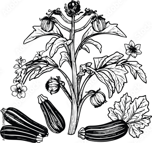 Bold black and white doodle of zucchini plant, vector illustration, fruits, flowers and leaves, isolated vegetable elements 3