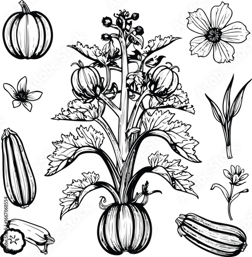 Bold black and white doodle of zucchini plant, vector illustration, fruits, flowers and leaves, isolated vegetable elements