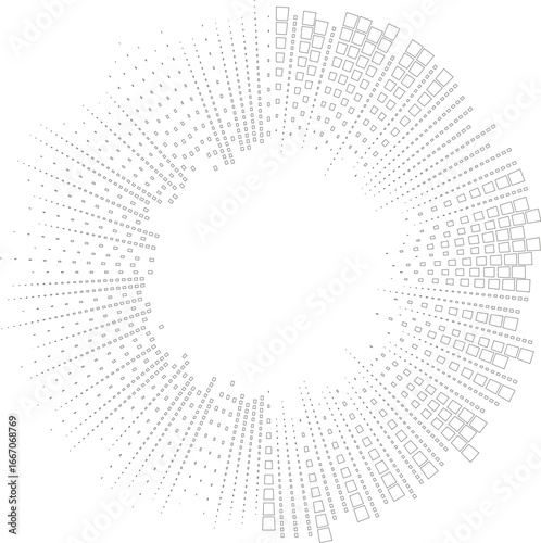 Outline circle composed of squared irregular rays reaching inside and outside around a central empty space.