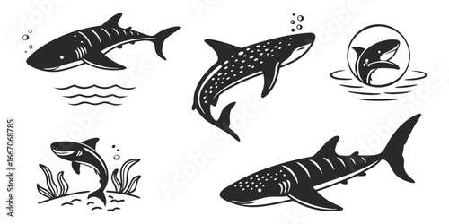 Collection of Stylized Shark Illustrations in Black and White