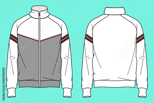 Men's High Neck Raglan Sleeve Colorblock Activewear Jacket Fashion Technical Drawing Flat Sketch CAD.