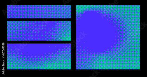 Neon mint and indigo pixelated bitmap texture background set. Retro pixel art, glitch dither pattern, 8 bit background. Leisure or arcade games duotone stroke, halftone border frame. Vector