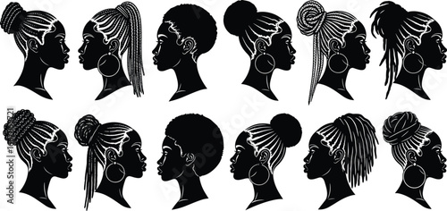 Vector illustration of African American women hairstyles with braids, buns, twists, natural hair and stylish profile silhouettes for beauty design