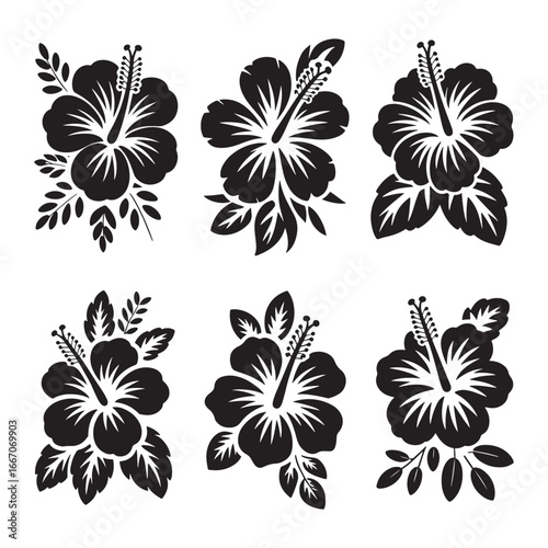 A collection of six beautiful black hibiscus flower silhouettes, perfect for tropical, summer, and Hawaiian designs vector illustration