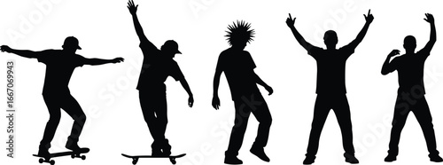 Urban male silhouettes performing skateboarding tricks, dance moves, and expressive poses in energetic street style vector for youth lifestyle themes.
