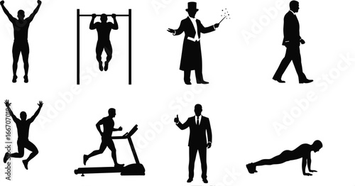Silhouettes of People Performing Fitness, Business, and Magic Activities for Motion, Lifestyle, Entertainment, and Creative Vector Design Applications