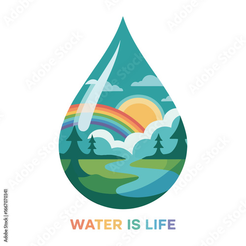 An environmental concept design with a beautiful landscape inside a water drop and the slogan 'Water is Life' vector illustration