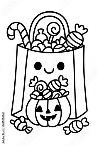 Trick or treat bag full of candy coloring page, Halloween festive cartoon illustration for kids cute printable joyful art