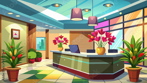 Office lobby scene with reception desk adorned by 4K HDR fresh flowers, natural beauty blending professionalism, semi-realistic abstraction creating timeless balance of elegance and welcoming vibrance
