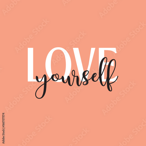 Love yourself handwritten black text isolated on pink background vector.