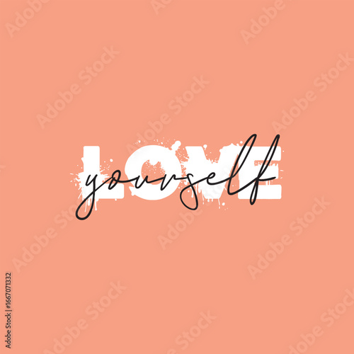Love yourself handwritten black text isolated on pink background vector.