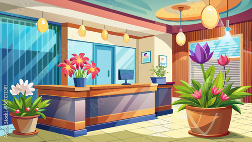 Office lobby scene with reception desk adorned by 4K HDR fresh flowers, natural beauty blending professionalism, semi-realistic abstraction creating timeless balance of elegance and welcoming vibrance
