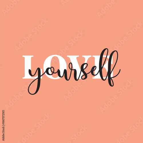 Love yourself handwritten black text isolated on pink background vector.