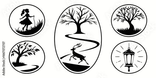 Nature Scenes Silhouette Collection: Girl, Deer, Trees, Lantern