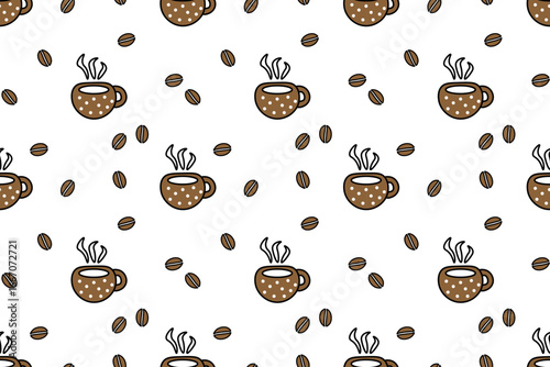 Seamless pattern of  cup of hot coffee and coffee beans. Cafe, restaurant. Flat design. For packaging, textiles, backgrounds or websites.