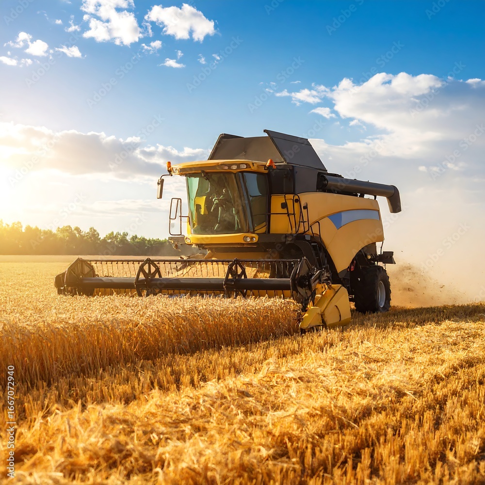 Obraz premium Harvesting Wheat Field with Modern Combine Harvester at Sunrise.