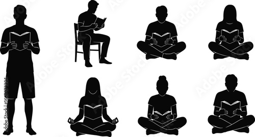 Silhouette people reading books in various poses including sitting, standing, and yoga positions for education, relaxation, mindfulness, and vector design.