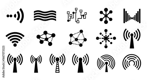 Black Vector Icons Depicting Wireless Communication, Data Exchange, and Network Connectivity