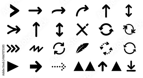 Variety of versatile black arrow and user interface symbols for digital navigation and design