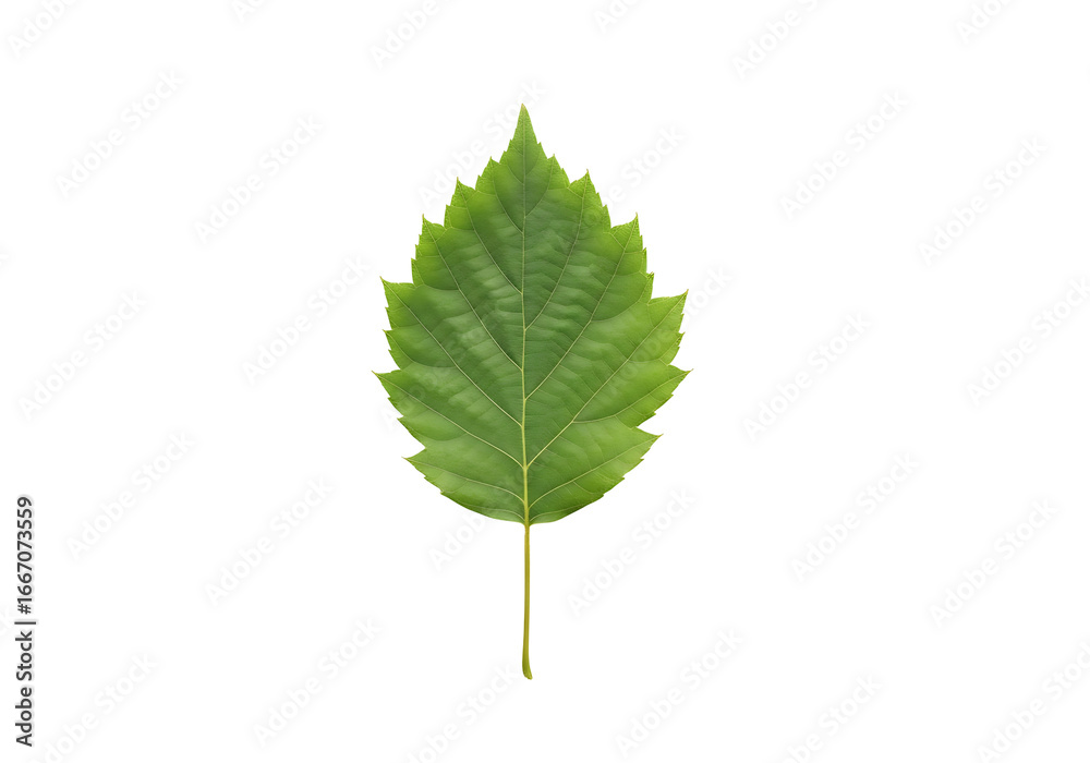 Fototapeta premium Close-up of a vibrant green leaf against a pure black background, showcasing detailed venation and serrated edges.