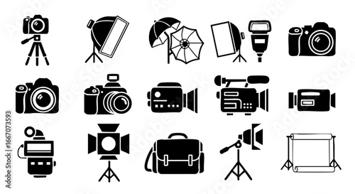 Photography Equipment Icons, Graphic Illustration, Creative Studio, Digital Design, Monochrome Style