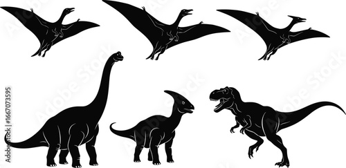 Silhouetted dinosaurs including pterosaurs, sauropods, and theropods in dynamic poses for prehistoric vector artwork, fossil themes, and educational design.