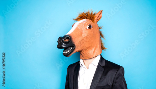 Horse mask man in suit against light blue background