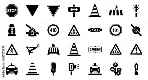A diverse graphic collection of universal road safety symbols and transport vector icons