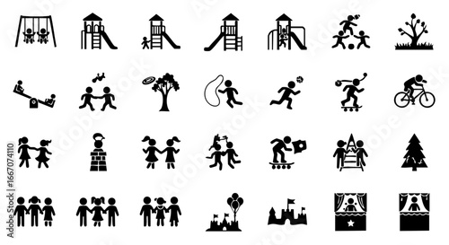 Comprehensive Set of Monochrome Icons Depicting Kids, Playgrounds, and Childhood Games