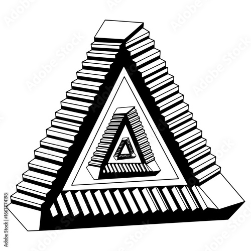 Quadro su tela A minimalist black and white vector illustration of a paradoxical triangle spiral staircase illusion, featuring a clean and graphic design on a pure white background