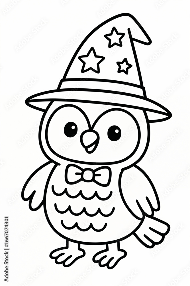 Obraz premium Cute owl wearing wizard hat coloring page, Halloween cartoon design for kids spooky fun festive illustration printable art