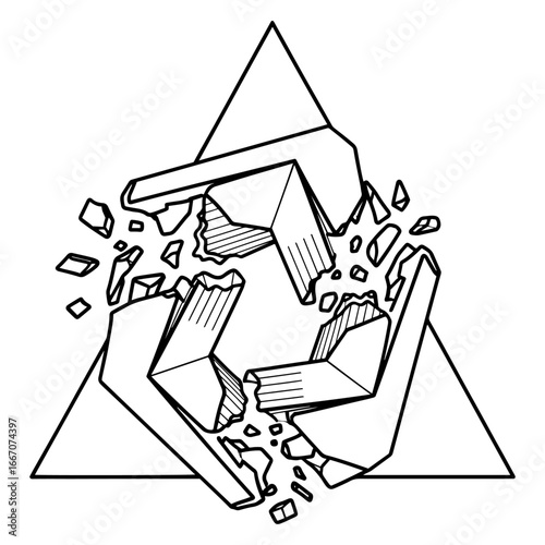 A minimalist black and white vector illustration of a paradoxical broken triangle reforming itself, featuring a clean and graphic design on a pure white background.

