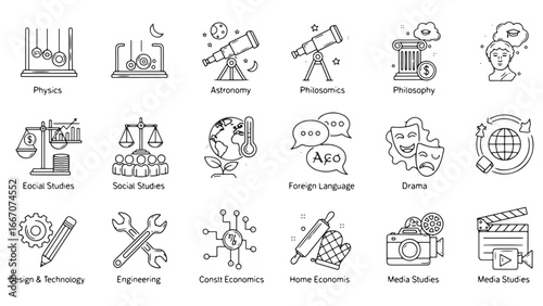 Modern school subjects doodle icon set