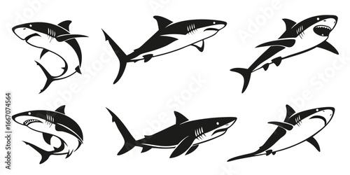 Six Stylized Black Shark Silhouettes in Various Poses