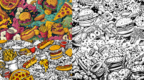 Colorful hand-drawn seamless pattern of burgers, fries, pizza, and fast food elements in pop art and doodle style, perfect for packaging and wallpapers.