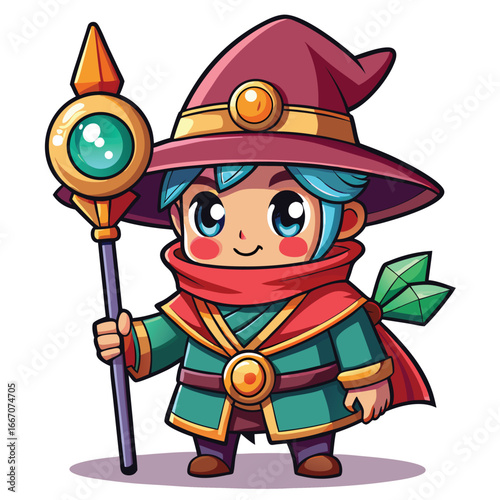 Cute cartoon wizard character holding a magical staff with a glowing orb and green gems
