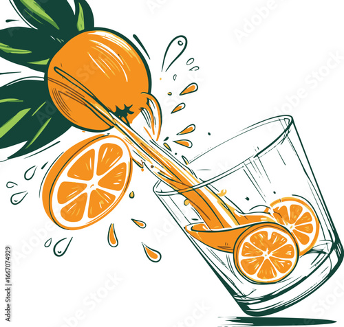 Fresh orange fruit line art, bold thick strokes, juice splashing and pouring into glass, minimal vector style, clean doodle illustration, isolated on white background.