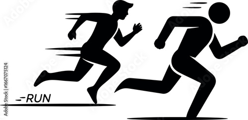 Running figures showing speed and motion representing competition motivation and active lifestyle with bold silhouettes in black and white