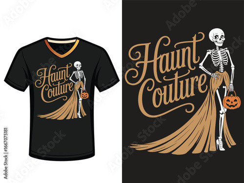Stylish skeleton flaunts haute couture fashion with pumpkin bag, perfect for Halloween celebrations