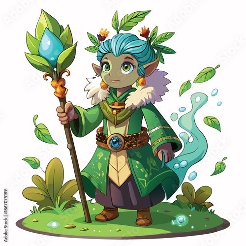 Charming elf character with a staff and water magic surrounded by nature elements