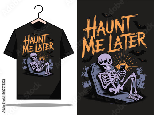 Spooky skeleton chilling on tombstone with phone, perfect Halloween graphic for fun apparel