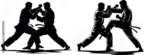 Two Karate Fighters in Action Stance Performing Combat Techniques Martial Arts Training and Self Defense Silhouette Vector Illustration