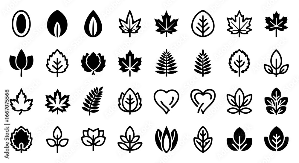 Fototapeta premium Diverse set of black leaf icons and natural symbols. Simple vector plant pictograms for eco-friendly design projects