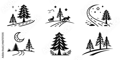Stylized Black and White Forest Scenes with Nature Elements