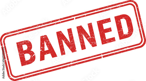A red rubber stamp with the word banned on a white background on transparent background