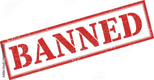 A red rubber stamp with the word Banned on a white background on transparent background