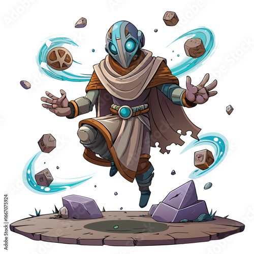 Mysterious armored character levitates rocks with glowing blue energy