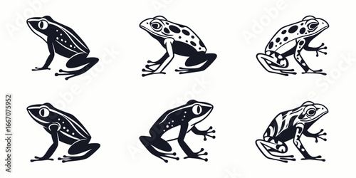 Stylized Black Frogs Collection on White Background