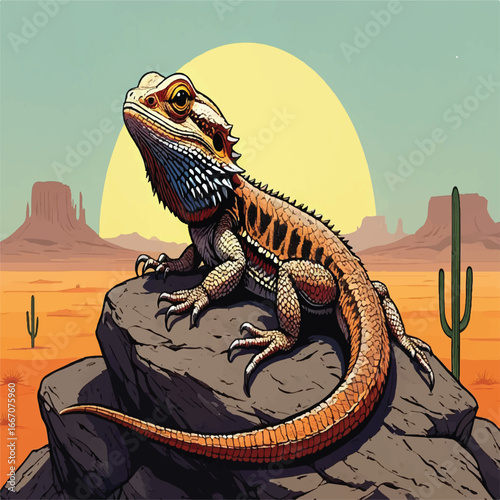 Bearded dragon on rock under desert sun vector illustration